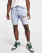 Asos Design Skinny Denim Shorts In Light Wash With Heavy Rips-blue