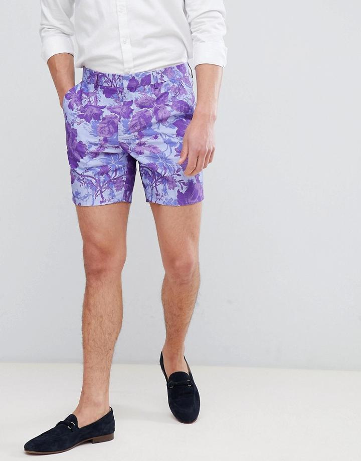 Asos Slim Mid Short In Blue Floral Linen Look - Blue