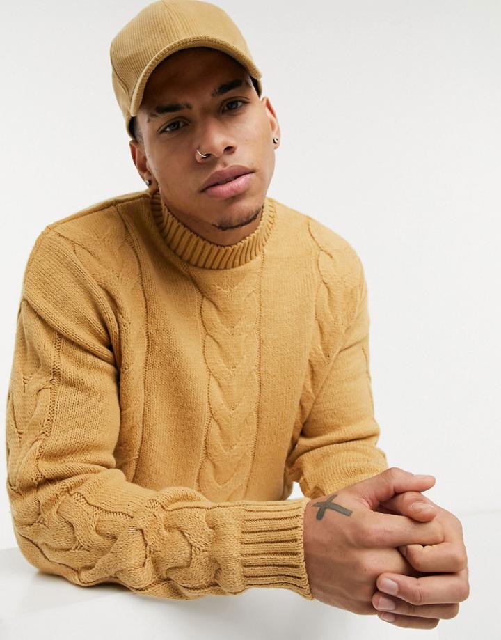 Asos Design Cable Knit Turtle Neck Sweater In Camel-brown