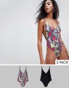 Asos Design Black And Graphic Print Swimsuit Multi Pack - Multi