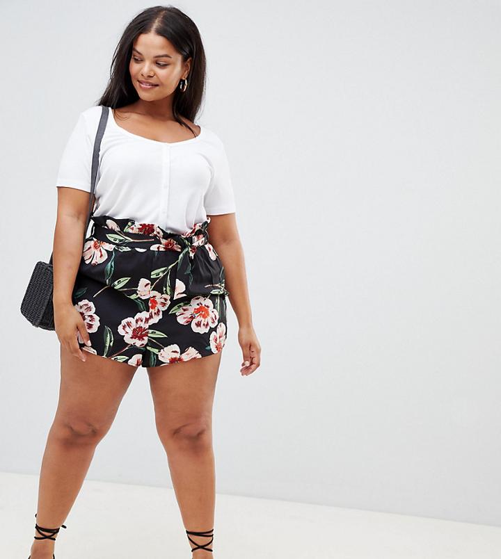Influence Plus Floral Shorts With Tie Waist - Black
