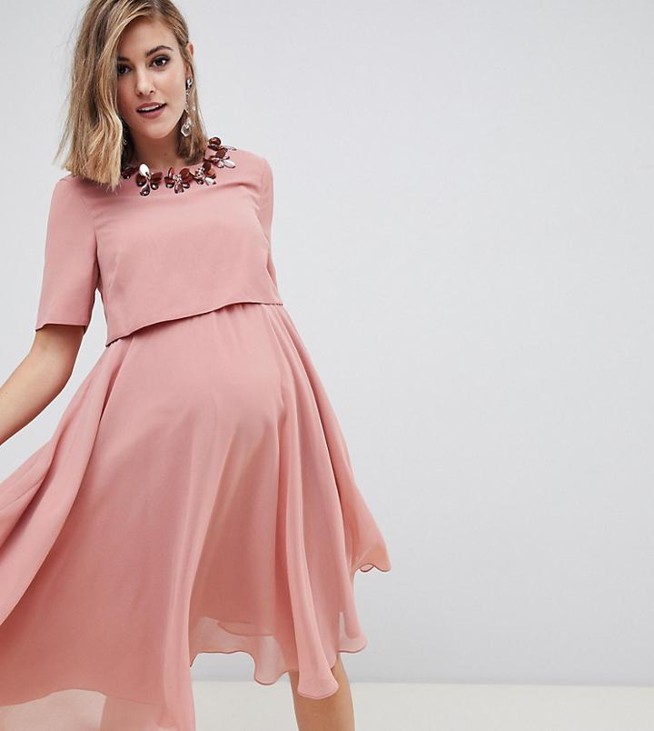 Asos Design Maternity Midi Dress With 3d Embellished Neckline - Multi