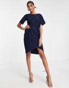 Closet London Tie Waist Gathered Pencil Midi Dress In Navy