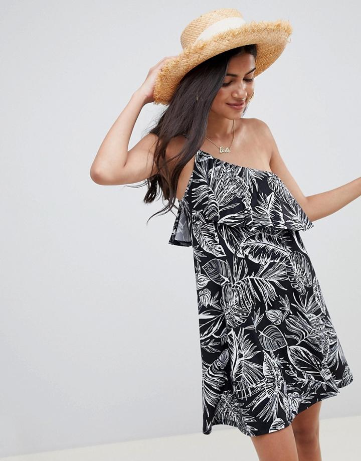 Asos Design One Shoulder Sundress With Ruffle In Black Palm Print-multi