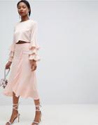 Asos Design Chiffon Midi Skirt With Button And Frill Detail - Pink