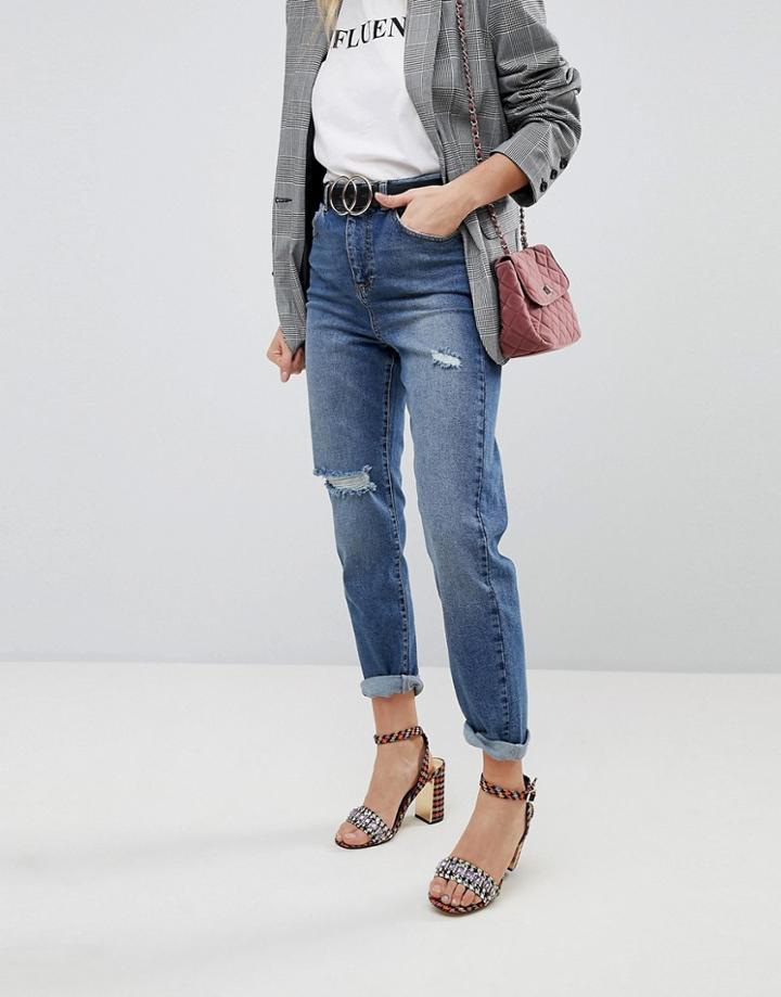 Miss Selfridge Ripped Knee Mom Jeans - Blue