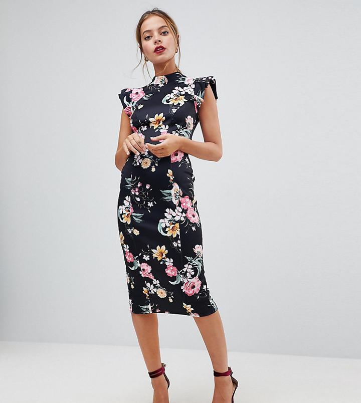 Asos Petite High Neck Pencil Dress With Cut Out Back And Shoulder Detail In Dark Based Floral Print - Multi
