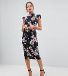 Asos Petite High Neck Pencil Dress With Cut Out Back And Shoulder Detail In Dark Based Floral Print - Multi