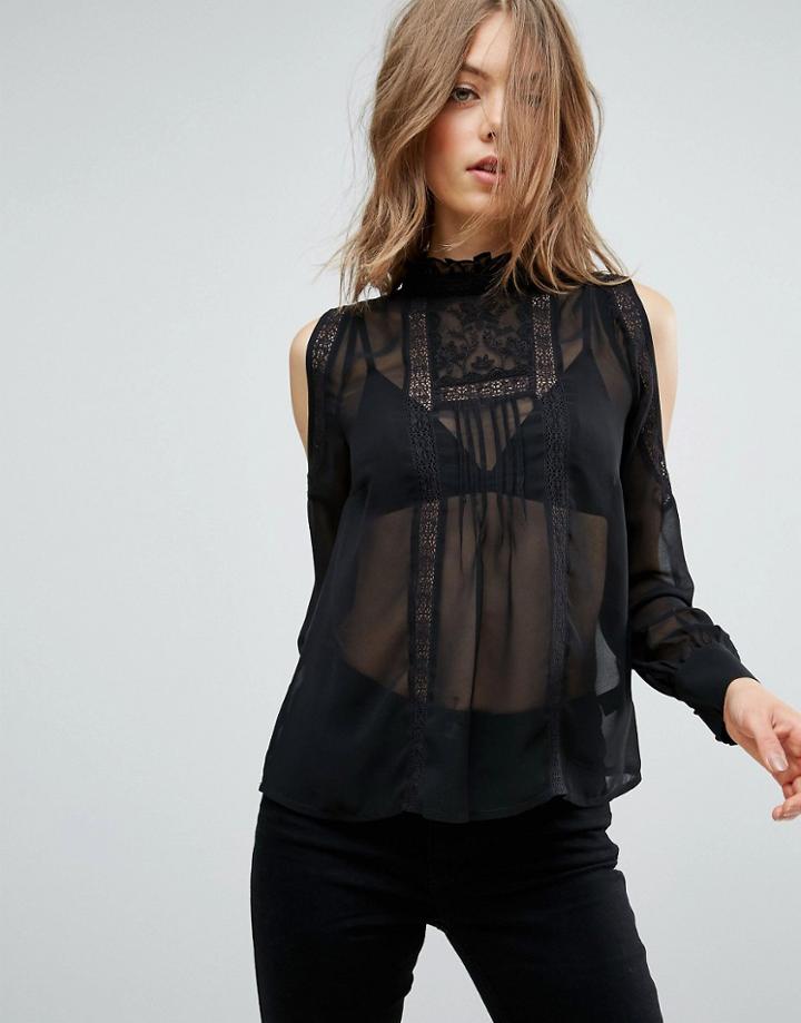 Asos Cold Shoulder Lace Trim And Pintuck Blouse - Black