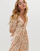 Asos Design Knot Front Midi Dress In Natural Zebra Print-multi