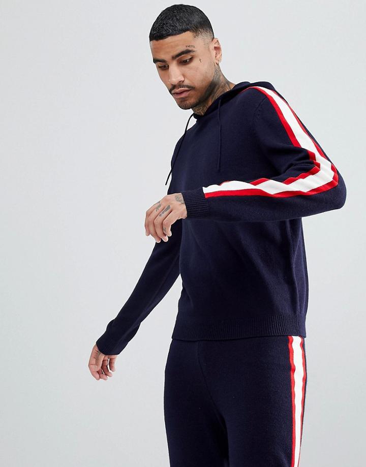 Asos Knitted Two-piece Hoodie With Side Stripe In Navy