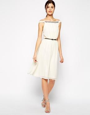 Elise Ryan Embellished Bardot Neck Midi Prom Dress - Cream