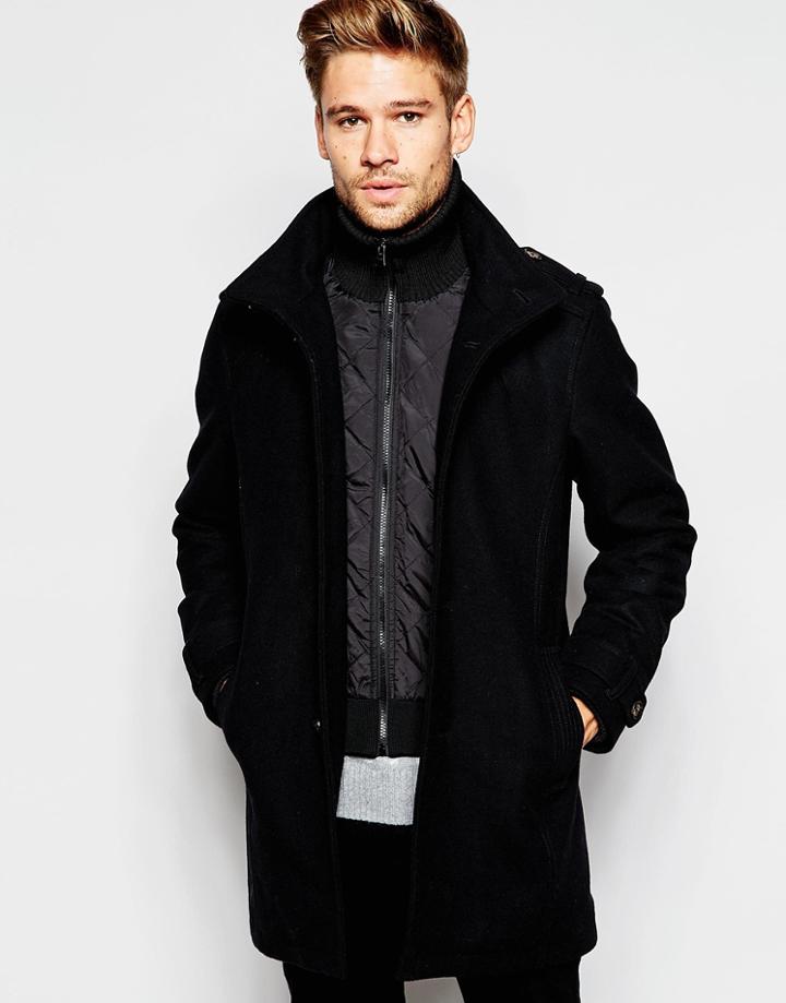 Esprit Overcoat With High Neck & Epaulettes - Black