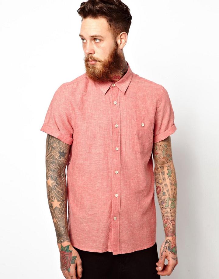 Asos Shirt In Short Sleeve With Linen Mix - Red