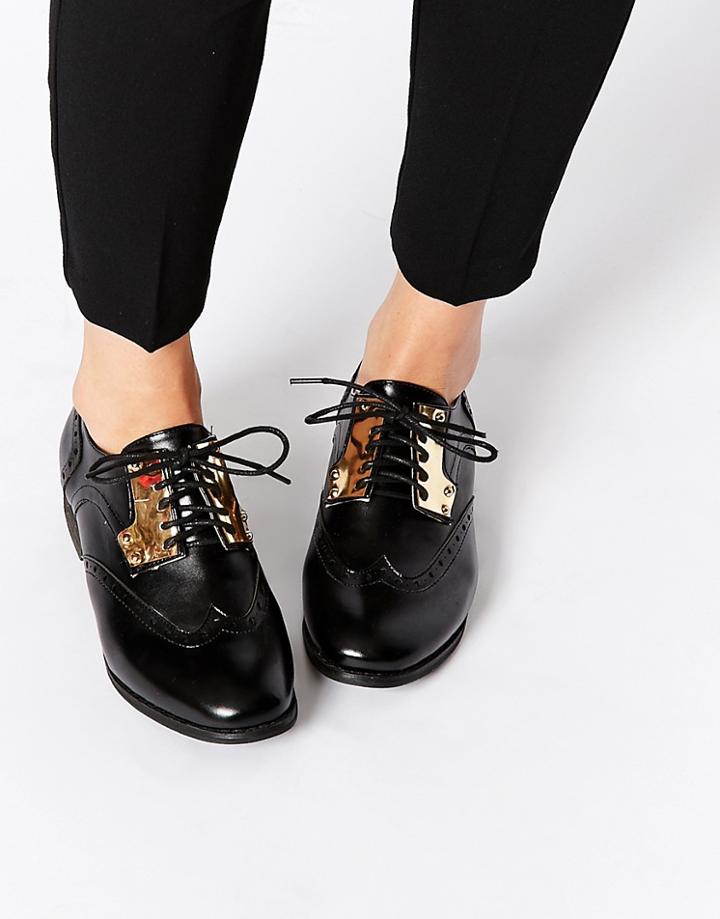London Rebel Tori Metal Detail Lace Up Brogues - Black