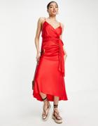 Liquorish Wrap Cami Midi Dress In Red