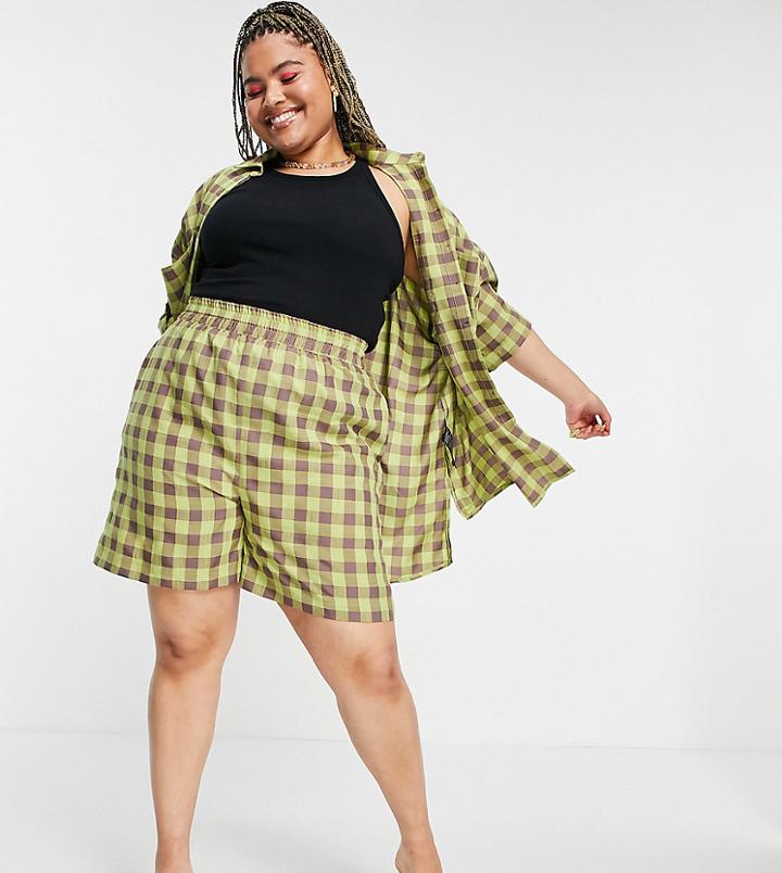 Asos Design Curve Pull-on Shorts In Lime Choc Check - Part Of A Set-multi