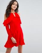 Asos Cold Shoulder Ruffle Tea Dress - Red
