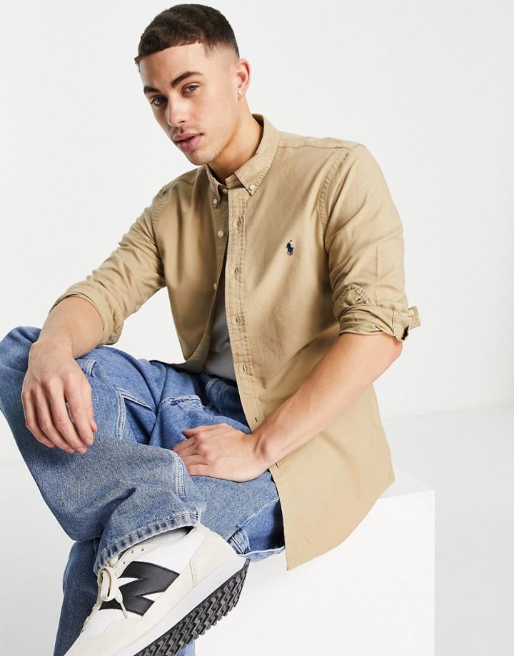 Polo Ralph Lauren Player Logo Slim Fit Garment Dyed Oxford Shirt In Tan-brown