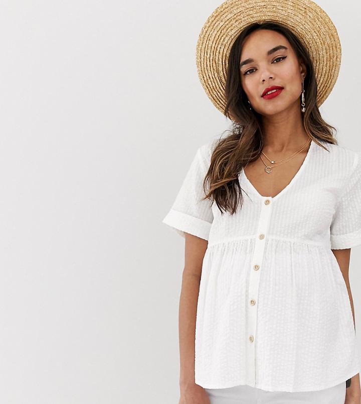 Asos Design Maternity Button Through Smock Sun Top In Seersucker - White
