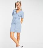 Collusion Rib Button Through Mini Dress In Pale Blue-blues