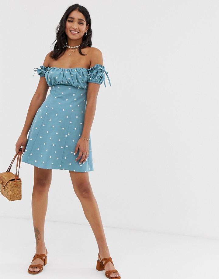 Asos Design Off Shoulder Mini Sundress With Ruched Bust In Polka Dot-multi