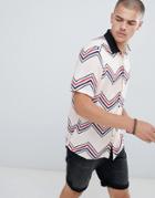 Asos Design Regular Fit Chevron Stripe Shirt With Contrast Rib Collar - White