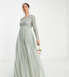 Maya Maternity Bridesmaid Long Sleeve Maxi Dress With Delicate Sequin In Sage Green