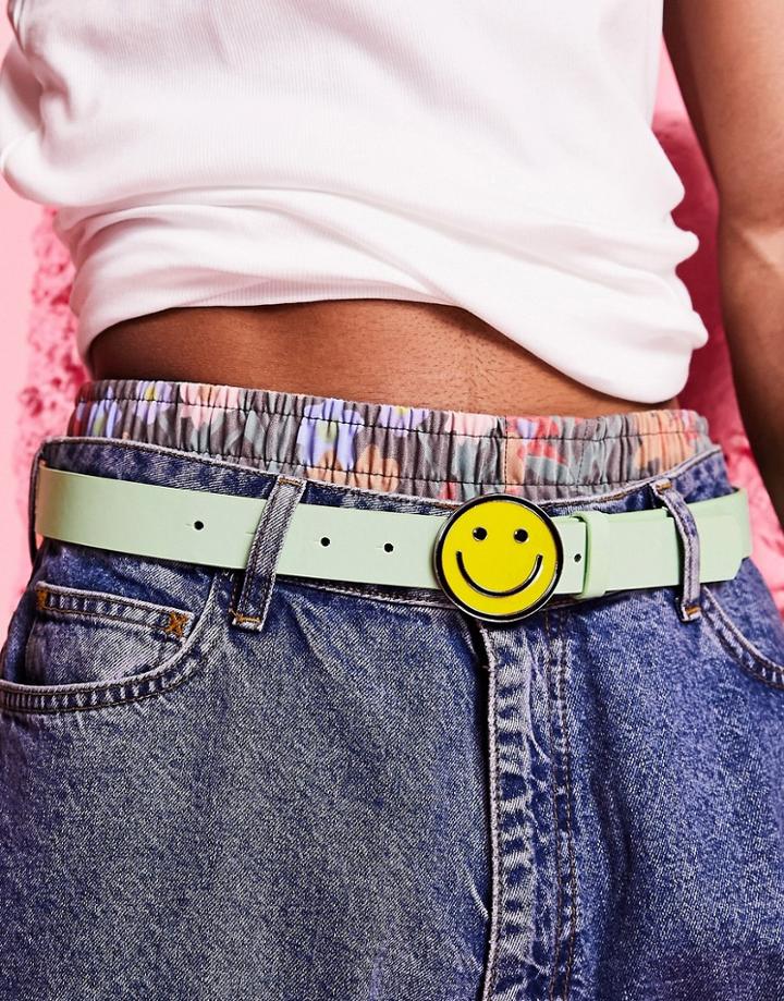 Asos Design Faux Leather Belt In Sage Green With Smile Plate