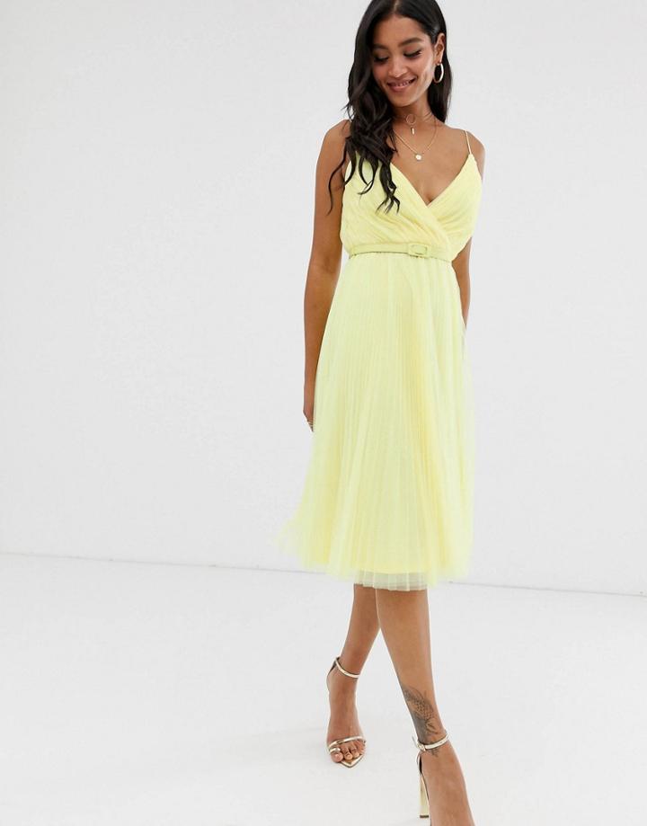Asos Design Belted Pleated Tulle Cami Midi Dress - Multi