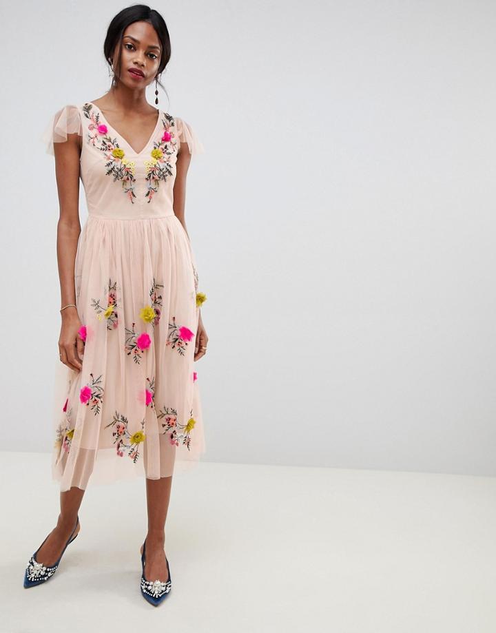 Oasis Midi Dress With Floral Embroidery In Pink - Multi
