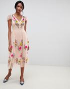 Oasis Midi Dress With Floral Embroidery In Pink - Multi