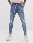 Night Addict Ripped Skinny Jeans With Waist Rope - Blue