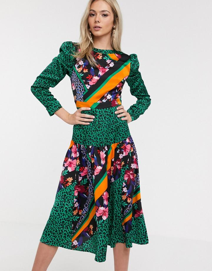 Liquorish Satin Midi Dress In Green Floral Print Mix-multi