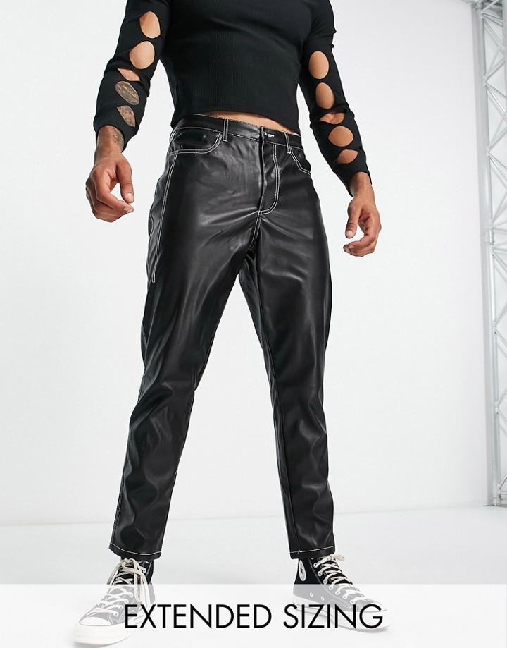 Asos Design Tapered Pants In Faux Leather With Contrast Stitching-black