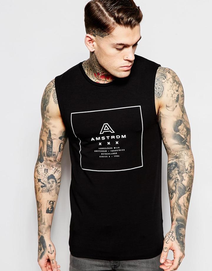 Asos Muscle Sleeveless T-shirt With Amsterdam Print In Black - Black