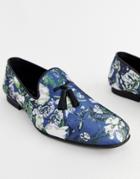 Asos Design Loafers In Navy Floral Print With Tassels - Navy