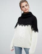 Brave Soul Brenti Monochrome Sweater With Lace Trim - Black