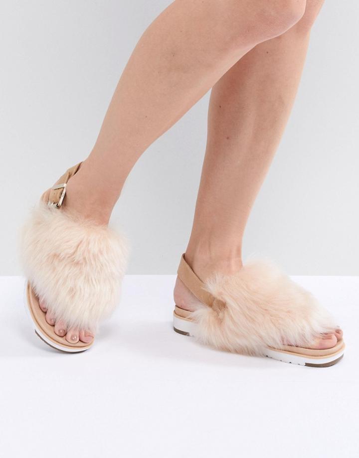 Ugg Holly Beige Fluffy Beige Buckle Back Flat Sandals - Beige