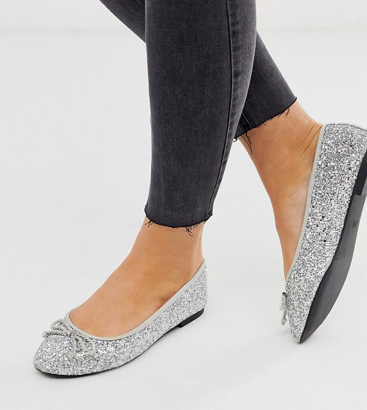 Asos Design Wide Fit Loretta Bow Ballet Flats In Glitter-silver
