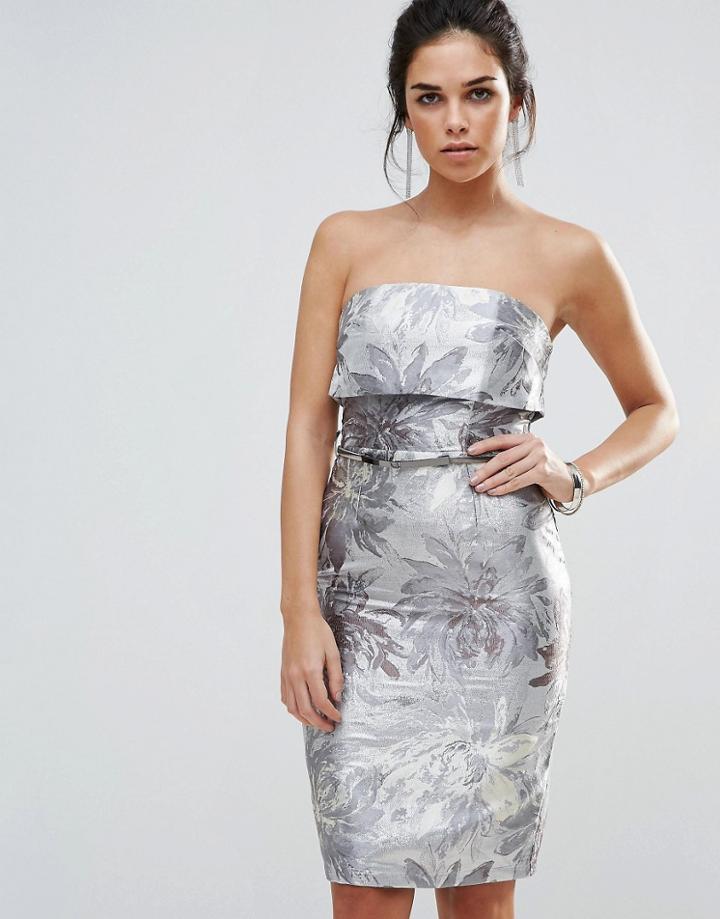 Little Mistress Bandeau Midi Pencil Dress - Silver