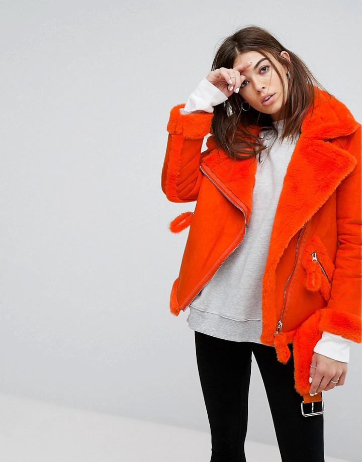 Story Of Lola Oversized Aviator Coat With Faux Shearling Lining - Orange