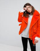 Story Of Lola Oversized Aviator Coat With Faux Shearling Lining - Orange