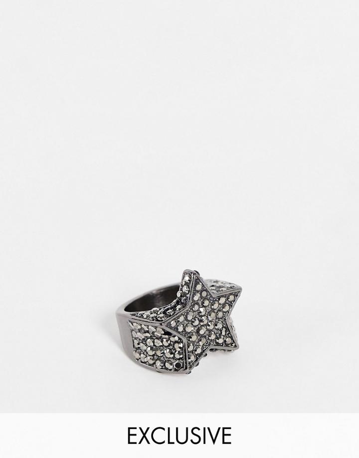 Reclaimed Vintage Inspired Unisex Chunky Star Party Ring With Crystals In Gunmetal-gray