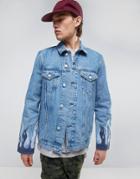 Asos Denim Jacket With Flame Embroidery In Mid Wash - Blue
