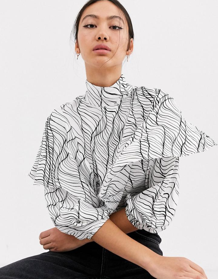 Asos White Linear Print Frill Top