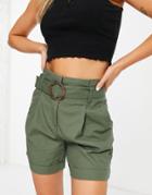 Vila Buckle Detail Shorts With Pleat Front In Khaki-green