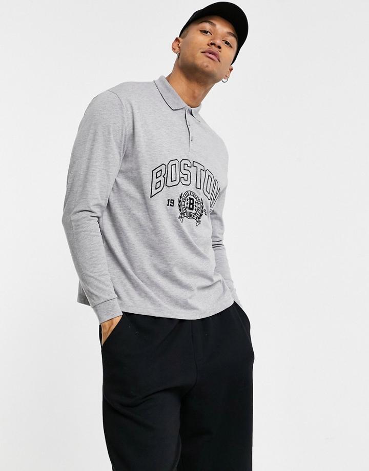 Asos Design Relaxed Long Sleeve Polo Shirt With Boston Embroidery In Gray-grey