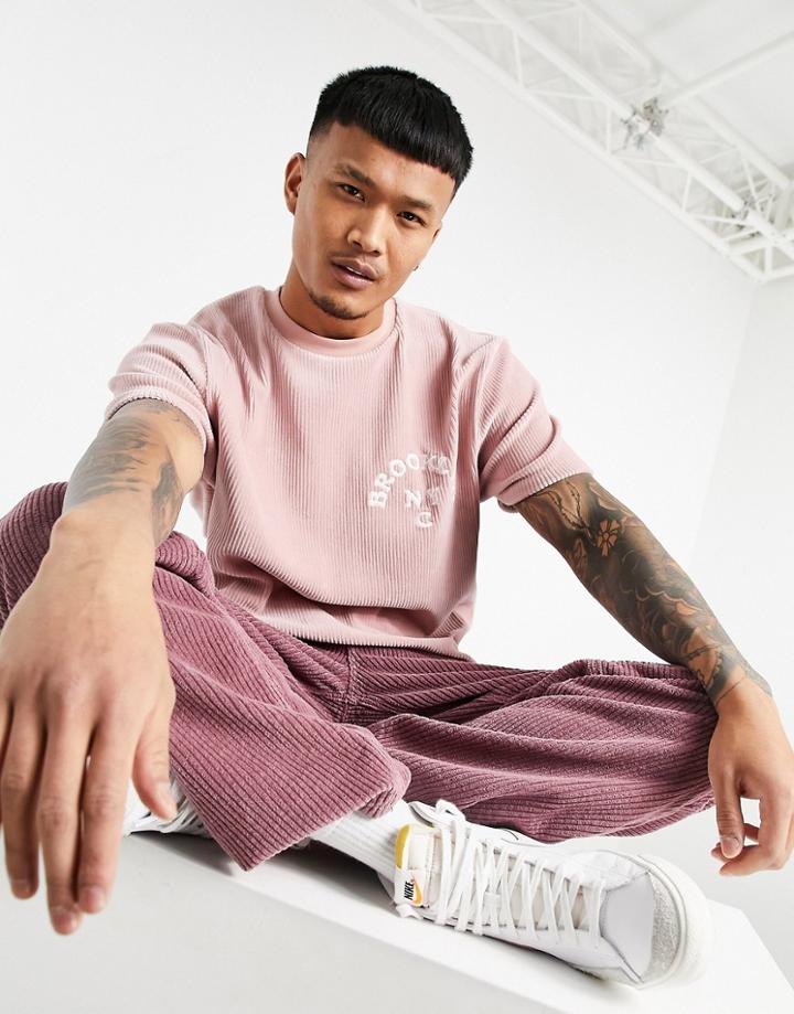 Asos Design Relaxed T-shirt In Dusty Pink Cord With Brooklyn Embroidery-purple