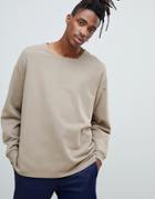 Asos Design Oversized Sweatshirt With Square Neck And Split Hem In Beige - Beige